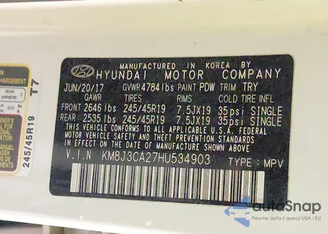 2017 Hyundai Tucson Night из США, поврежденный, VIN KM8J3CA27HU534903